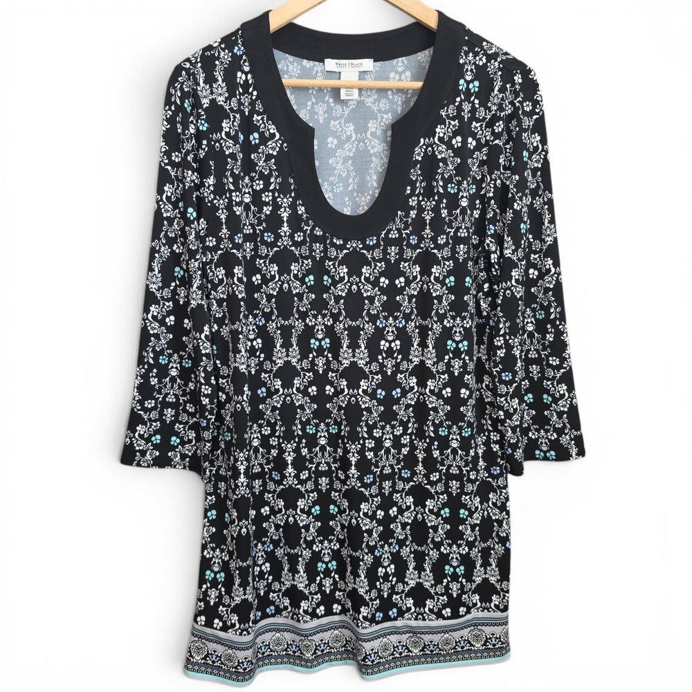 White House Black Market Tunic Top Womens Large Black Scoop Neck Floral Casual